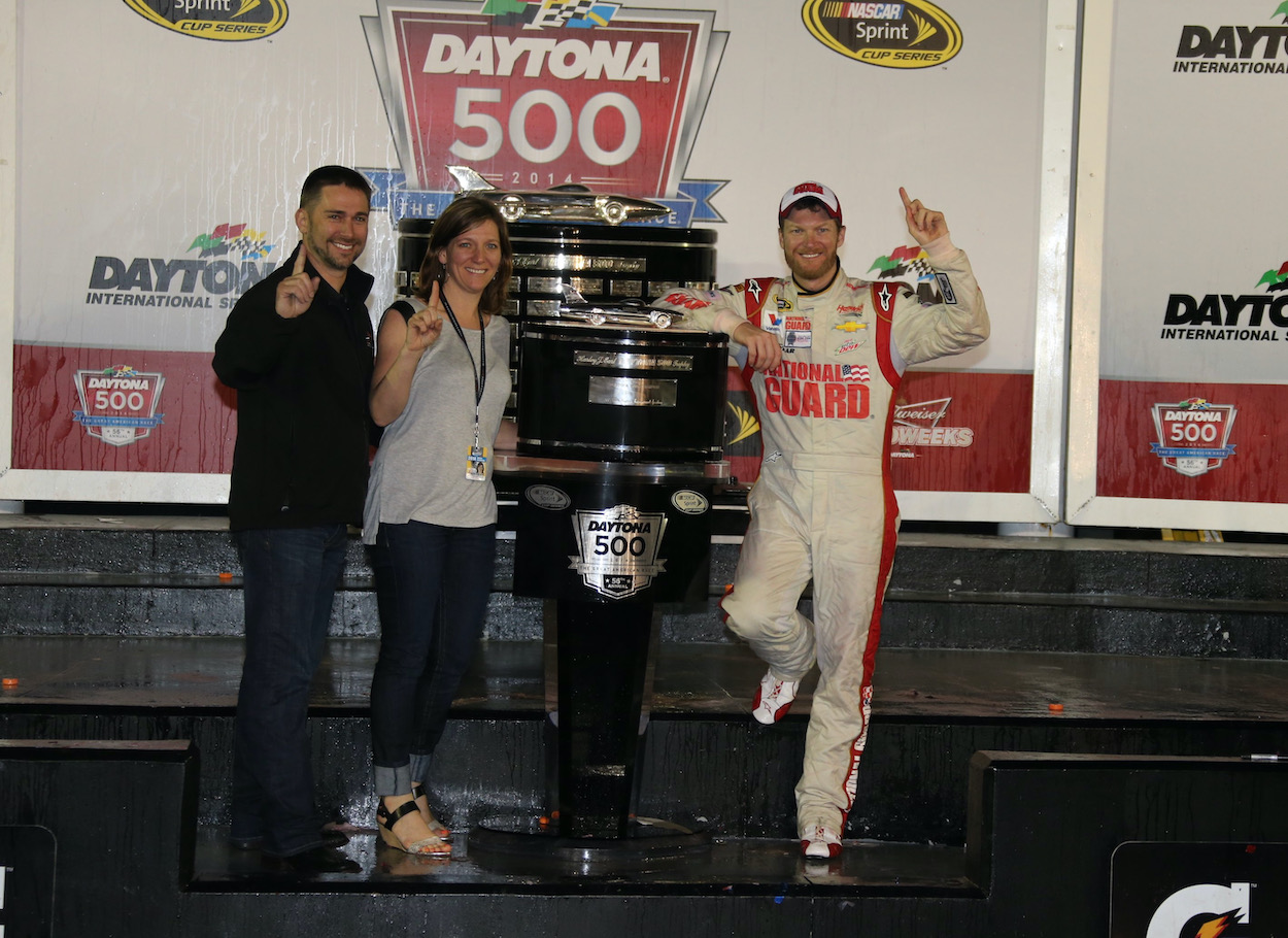 Dale Earnhardt Jr. and Kelley Earnhardt Miller pose with trophy after Daytona 500