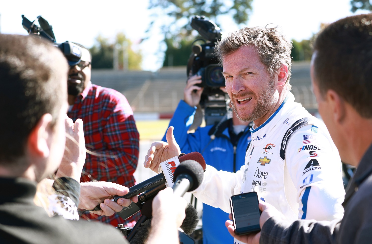 Dale Earnhardt Jr. speaks to the media after a testing session with the NASCAR Next Gen car at Bowman Gray Stadium on Oct. 26, 2021 in Winston Salem, North Carolina.