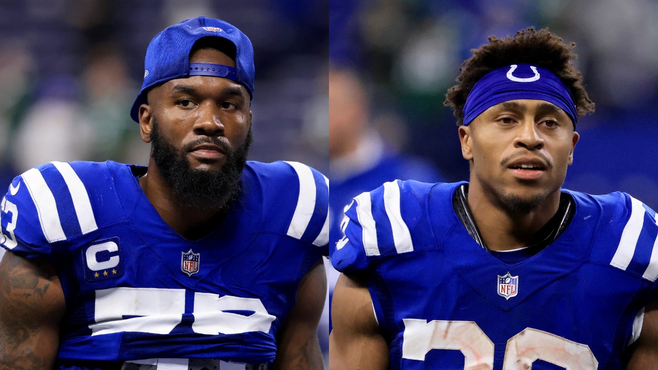 Colts teammates Darius Leonard and Jonathan Taylor react after game against the Jets