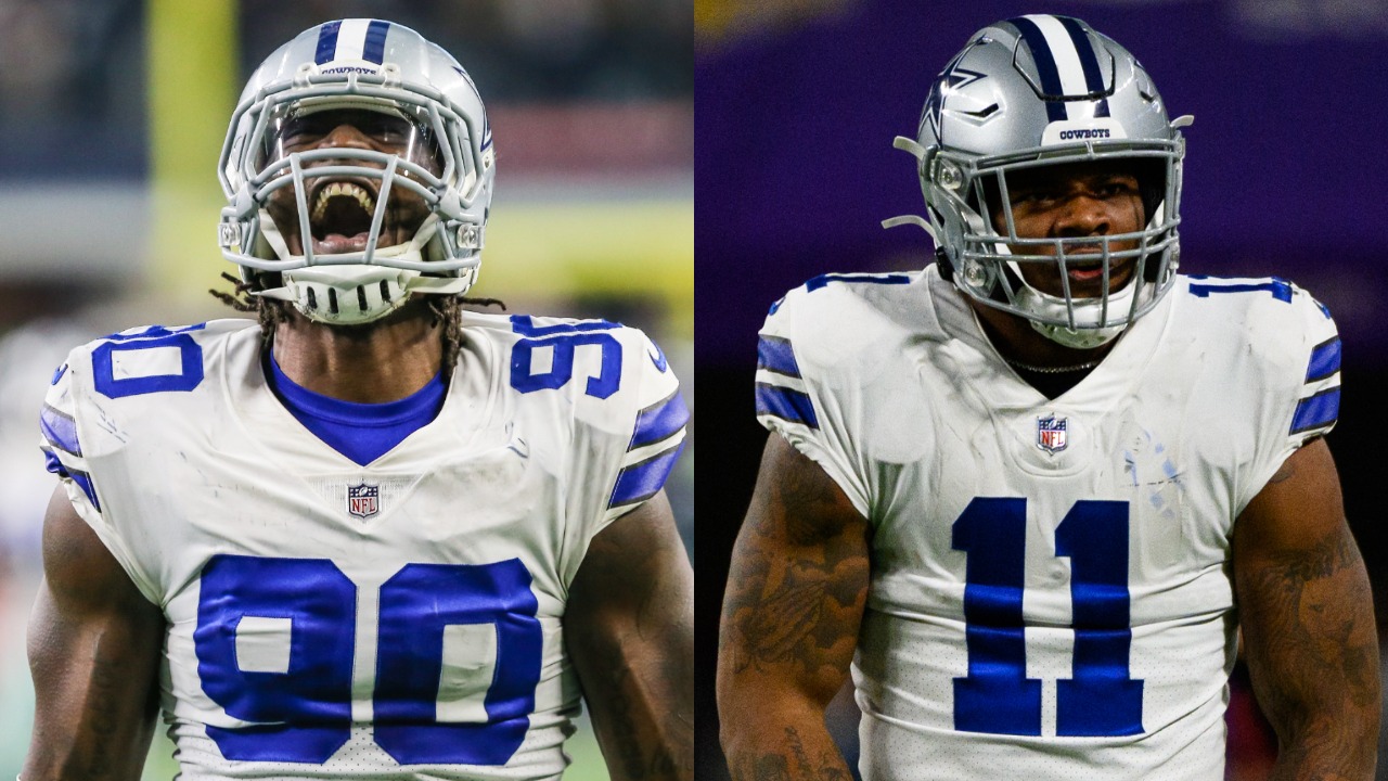 Cowboys defensive end DeMarcus Lawrence celebrates; Micah Parsons in action against the Vikings