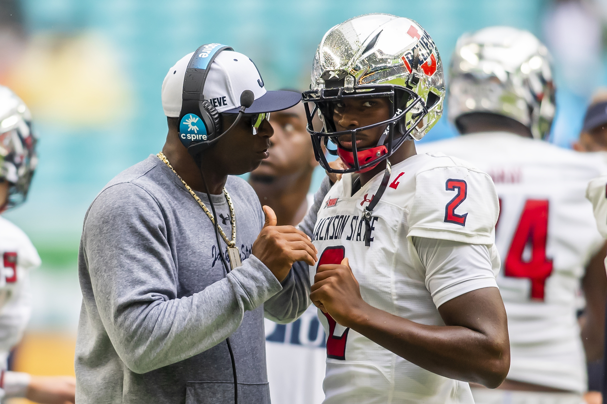Jackson State head coach Deion Sanders and his son, Shedeur, in 2021.
