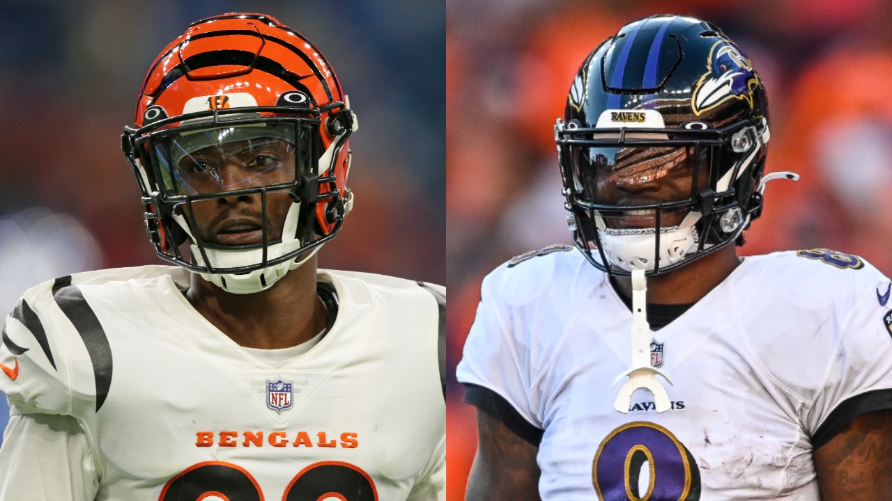 Bengals CB Eli Apple looks on during a game; Ravens QB Lamar Jackson smiles after a play