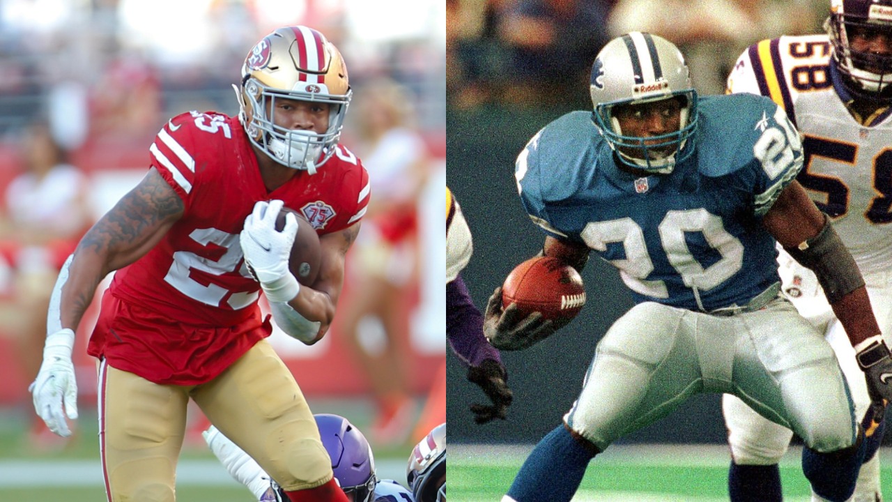 49ers RB Elijah Mitchell in action against the Vikings; Barry Sanders runs the ball against the Vikings