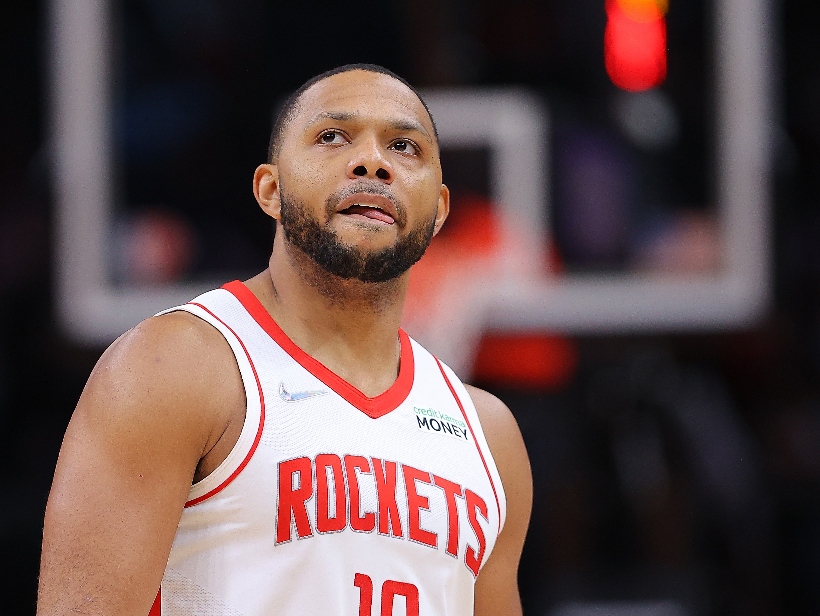 Houston Rockets guard Eric Gordon reacts during a game against the Atlanta Hawks