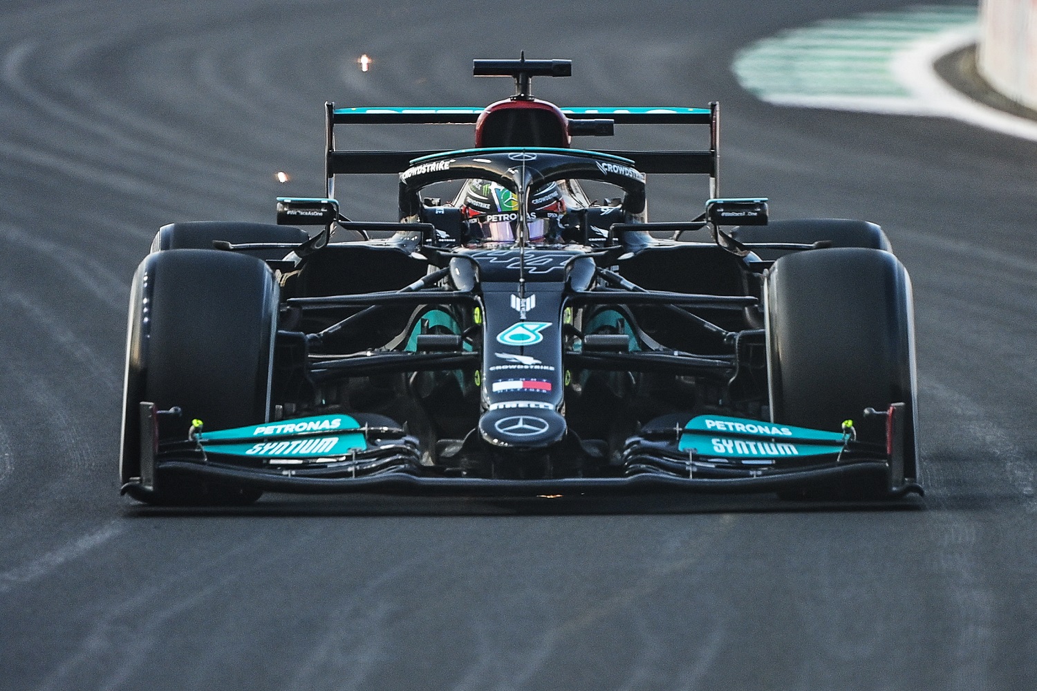 Lewis Hamilton drives during the third practice session of the Formula 1 Saudi Arabian Grand Prix at the Jeddah Corniche Circuit in Jeddah on Dec. 4, 2021.