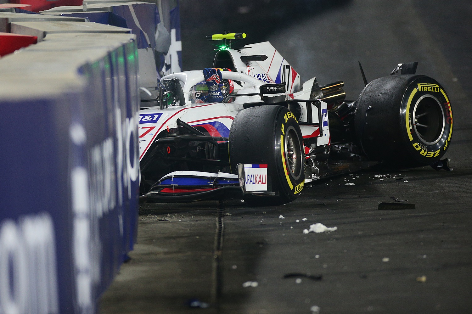 Mick Schumacher of Germany crashes during the Formula 1 Grand Prix of Saudi Arabia.