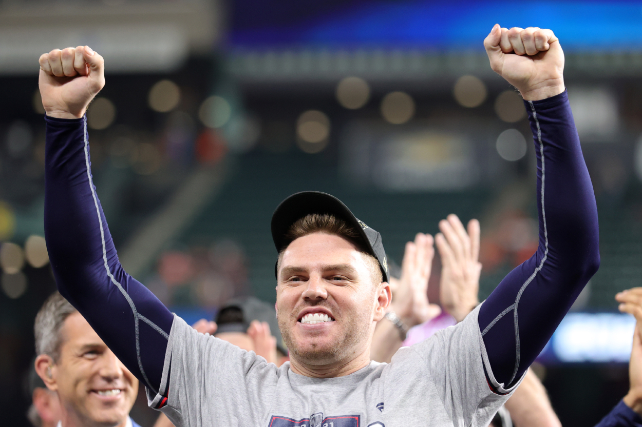 Freddie Freeman of the Atlanta Braves celebrates after winning the World Series.