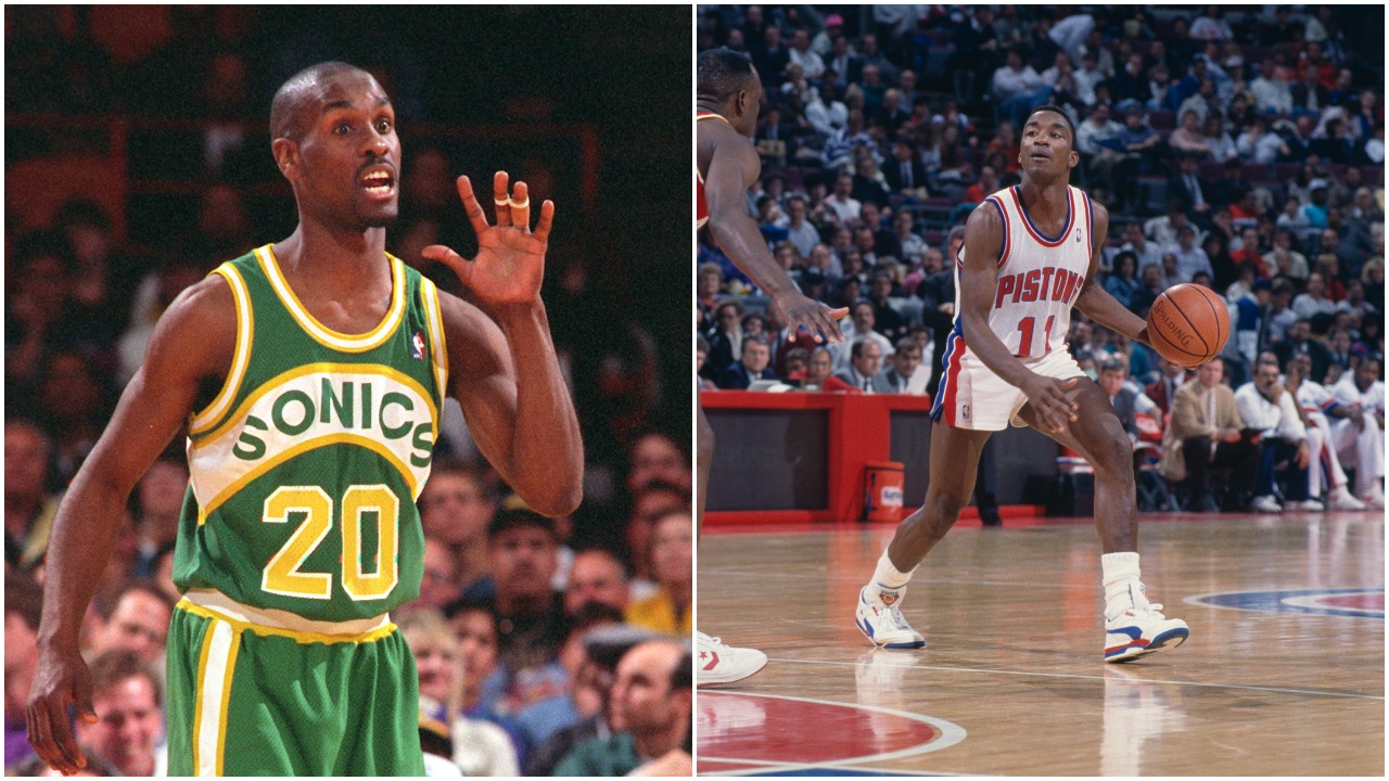 L-R: Former Seattle SuperSonics guard Gary Payton questions a call and Detroit Pistons legend Isiah Thomas dribbles the ball during a game in 1990