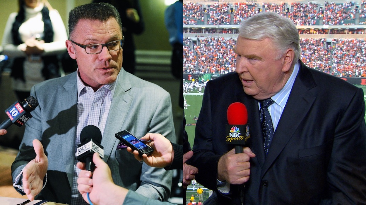(L-R) Howie Long, former NFL player and current NFL analyst for FOX Sports, answers questions from the press during the FOX Sports media availablility in the Empire East Ballroom, at Super Bowl XLVIII Media Center at the Sheraton New York Times Square on January 28, 2014 ; NBC Sports commentator John Madden.