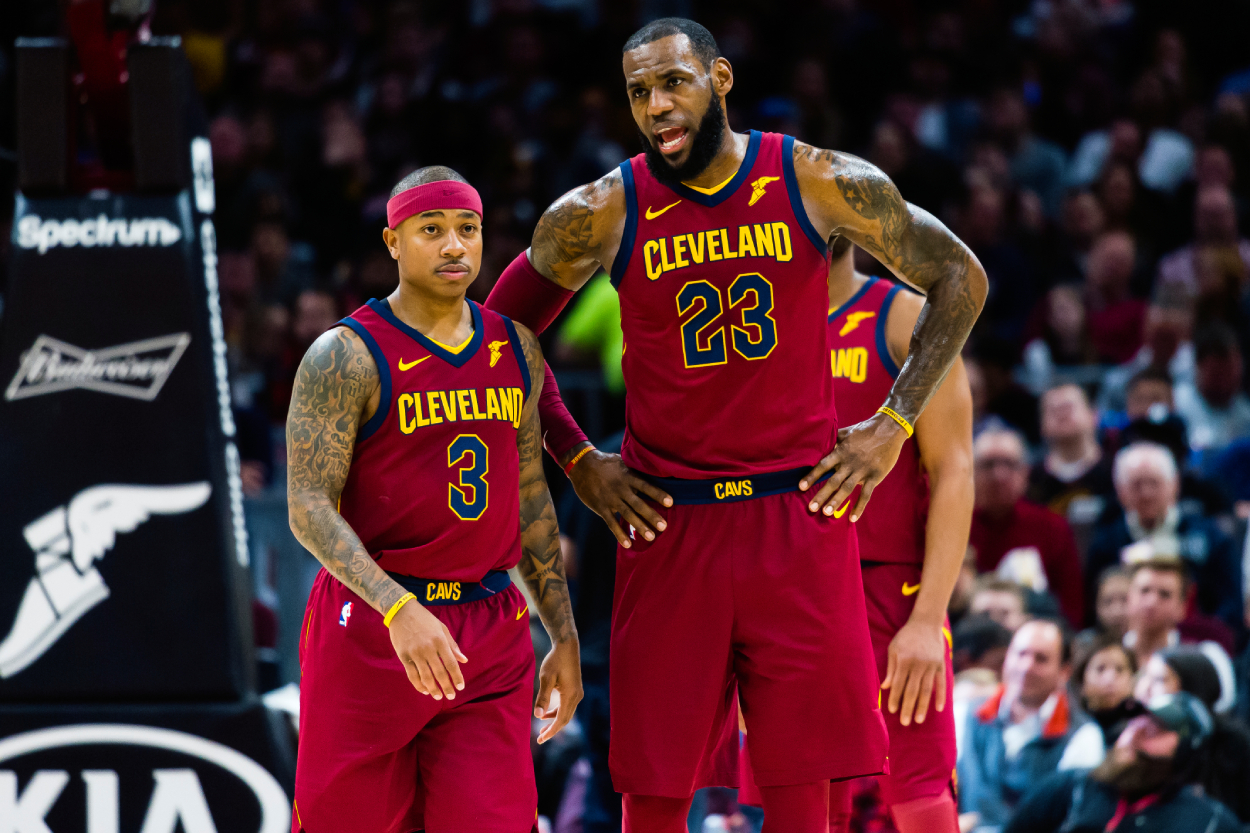 Former Cleveland Cavaliers and current Los Angeles Lakers stars Isaiah Thomas and LeBron James.