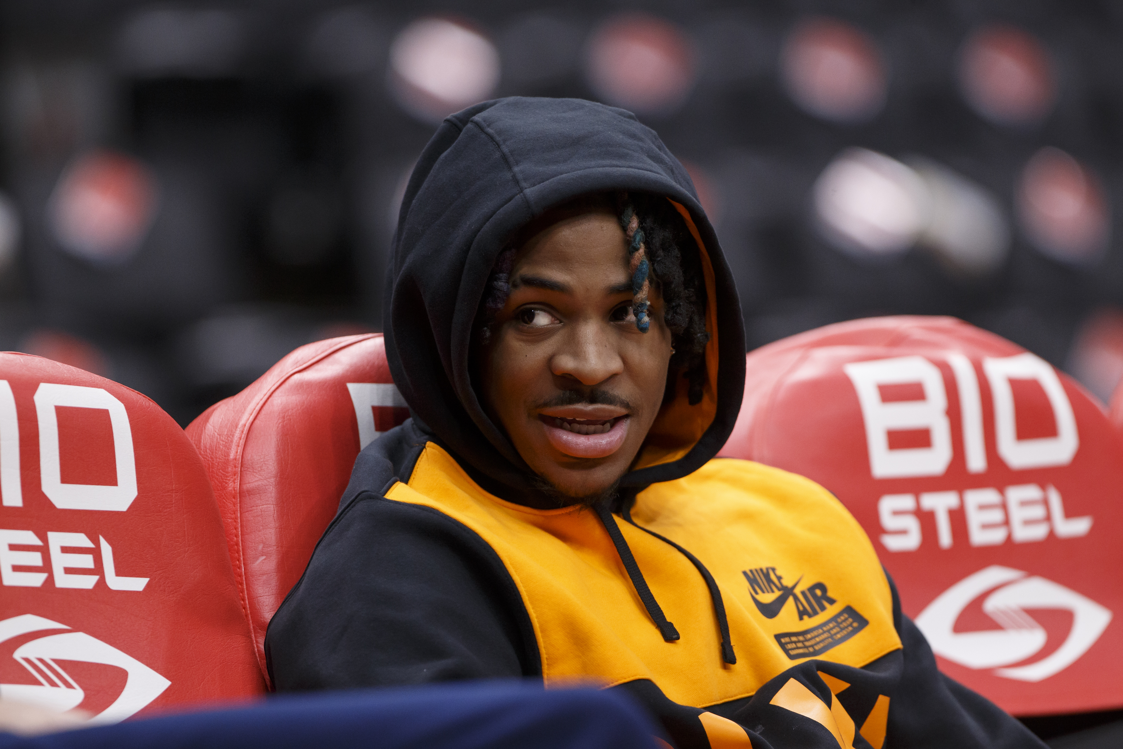 Memphis Grizzlies guard Ja Morant watches from the bench during a game against the Toronto Raptors
