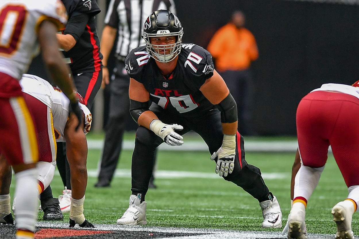 Atlanta Falcons offensive lineman Jake Matthews in 2021.Atlanta Falcons offensive lineman Jake Matthews in 2021.