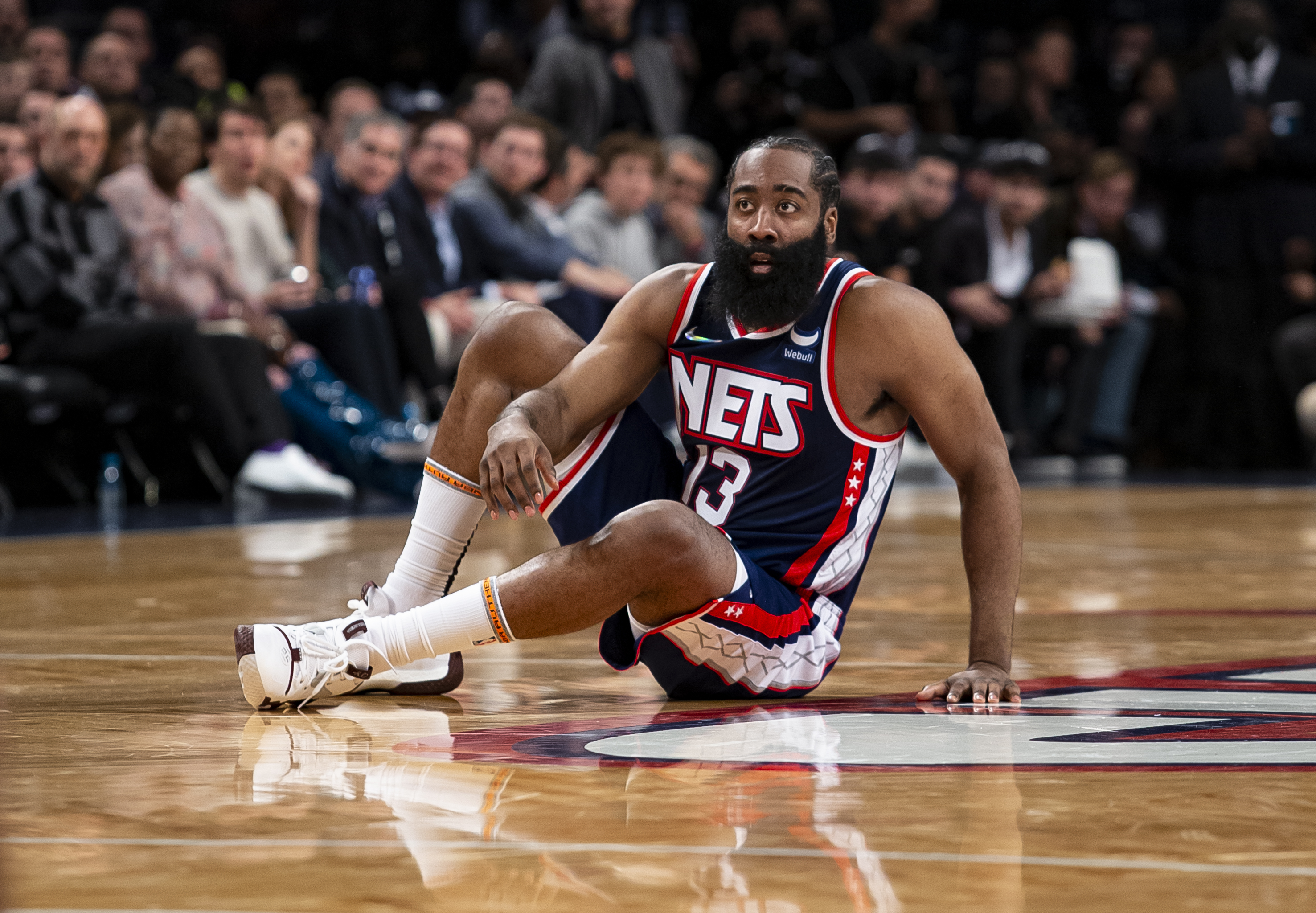 Brooklyn Nets star James Harden reacts during a game against the New York Knicks