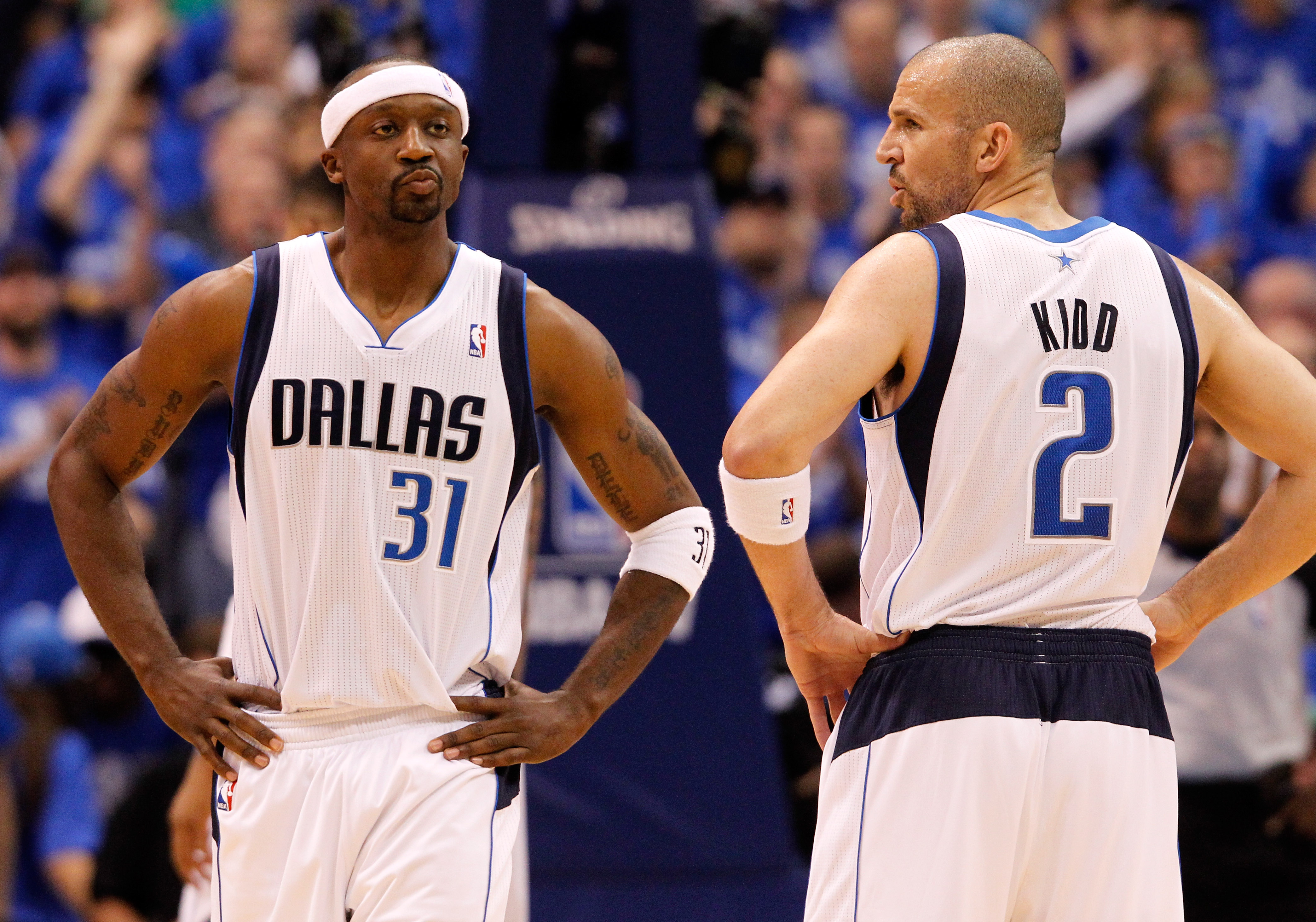 L-R: Dallas Mavericks teammates Jason Terry and Jason Kidd react during the 2011 NBA Playoffs