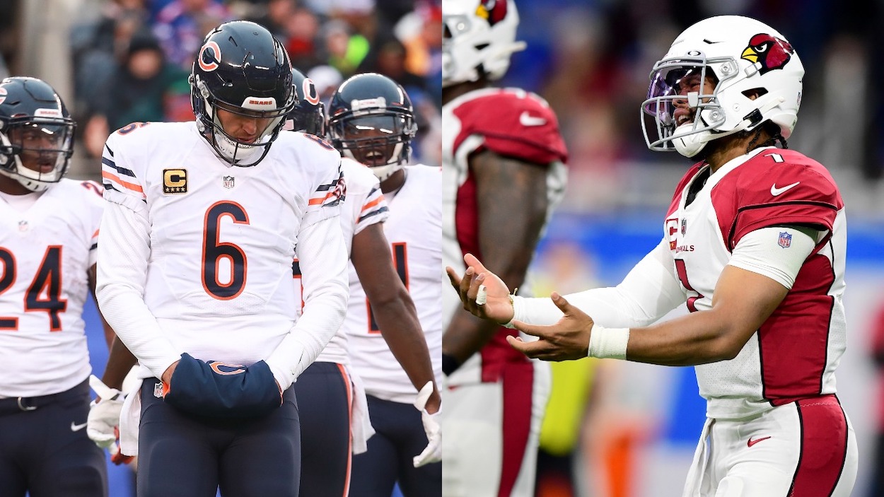 (L-R) Jay Cutler of the Chicago Bears reacts against the New York Giants during the second half at MetLife Stadium on November 20, 2016 in East Rutherford, New Jersey; Kyler Murray of the Arizona Cardinals reacts to a penalty in the fourth quarter of the game against the Detroit Lions at Ford Field on December 19, 2021 in Detroit, Michigan.