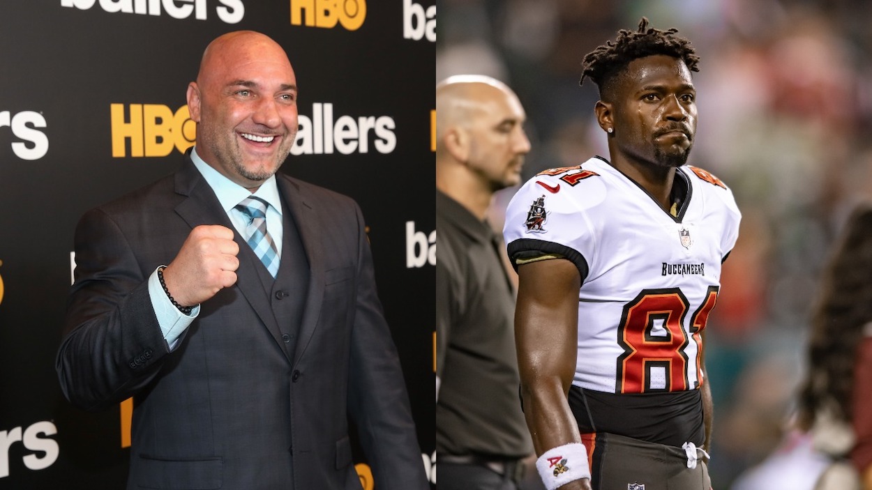 (L-R) Sports Journalist Jay Glazer attends the HBO Ballers Season 2 Red Carpet Premiere and Reception on July 14, 2016 at New World Symphony in Miami Beach, Florida; Tampa Bay Buccaneers wide receiver Antonio Brown is pictured prior to the game between the Tampa Bay Buccaneers and Philadelphia Eagles on October 14, 2021 at Lincoln Financial Field in Philadelphia, PA.