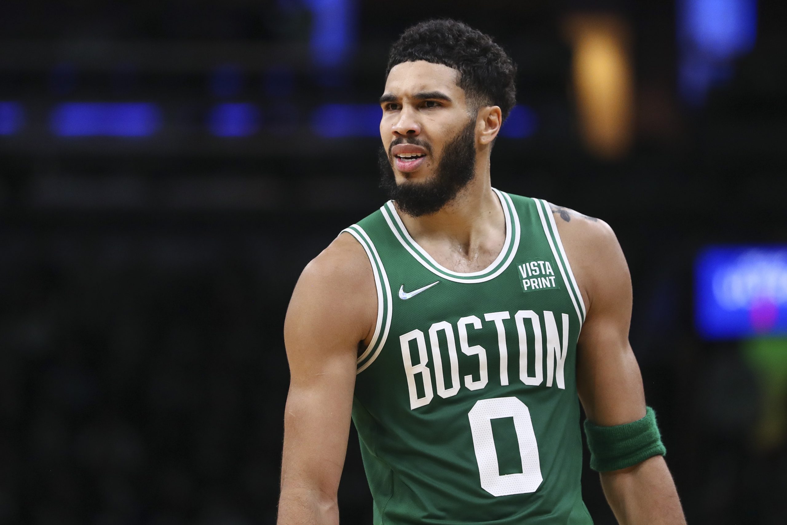 Jayson Tatum of the Boston Celtics looks on during a game against the Milwaukee Bucks.