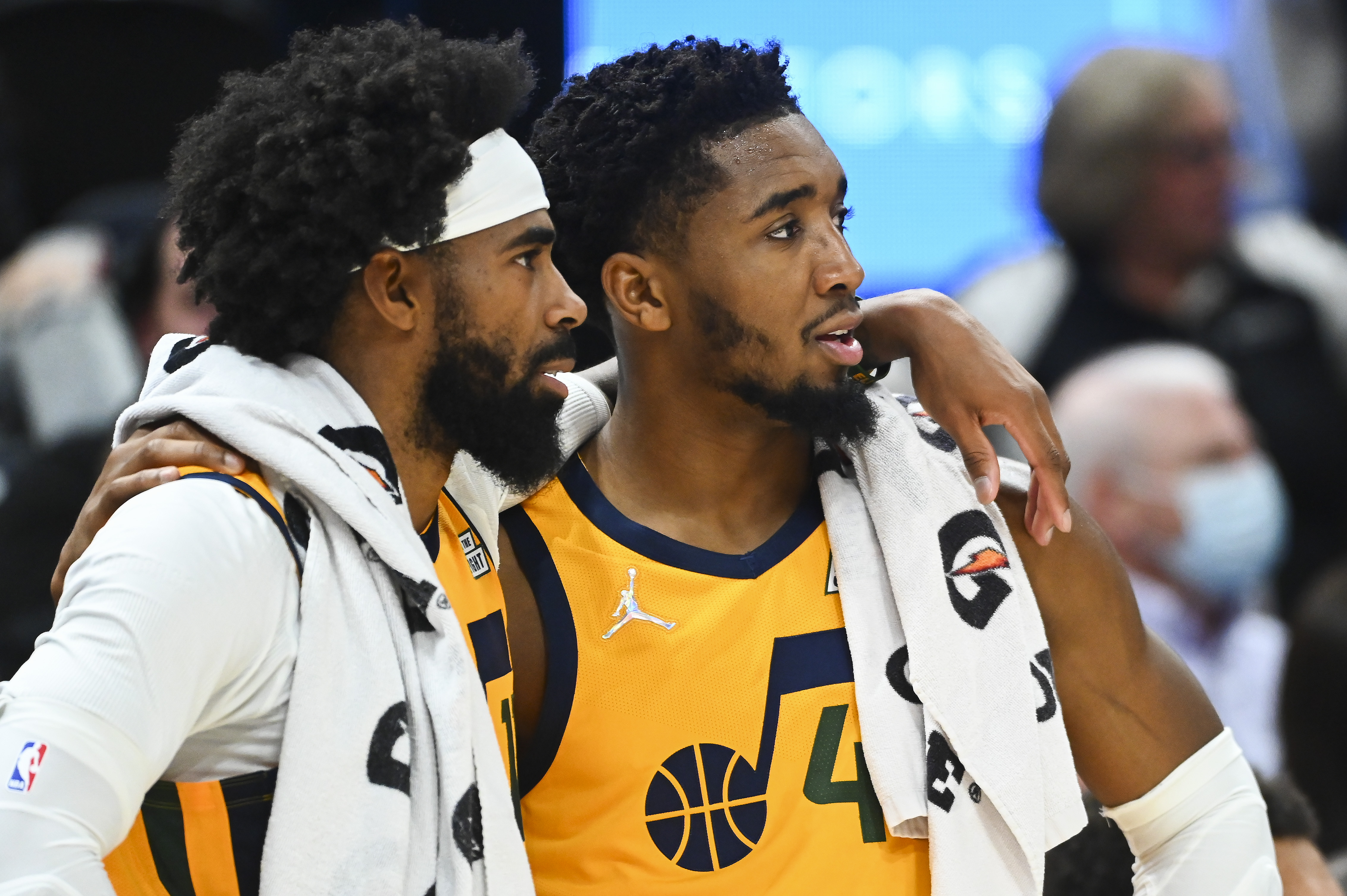 Utah Jazz guards Mike Conley and Donovan Mitchell look on during a win over the Portland Trail Blazers