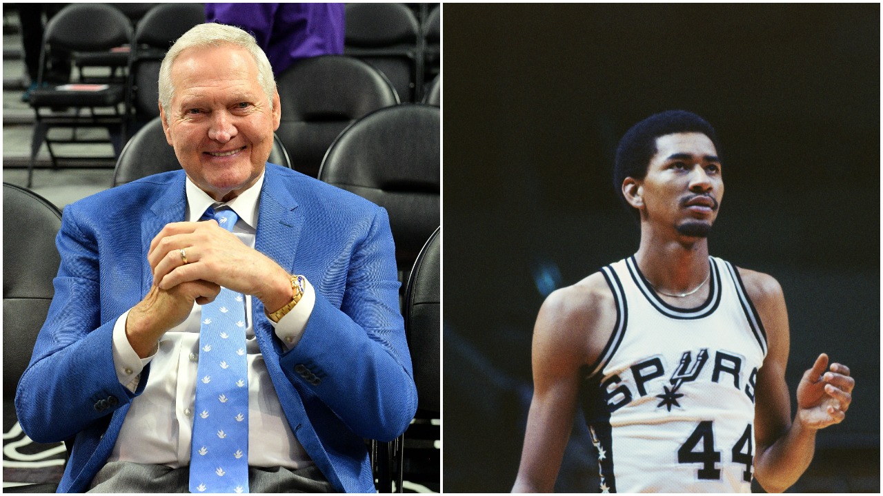 L-R: Los Angeles Lakers legend Jerry West watches an LA Clippers game in March 2020; San Antonio Spurs legend George Gervin looks on