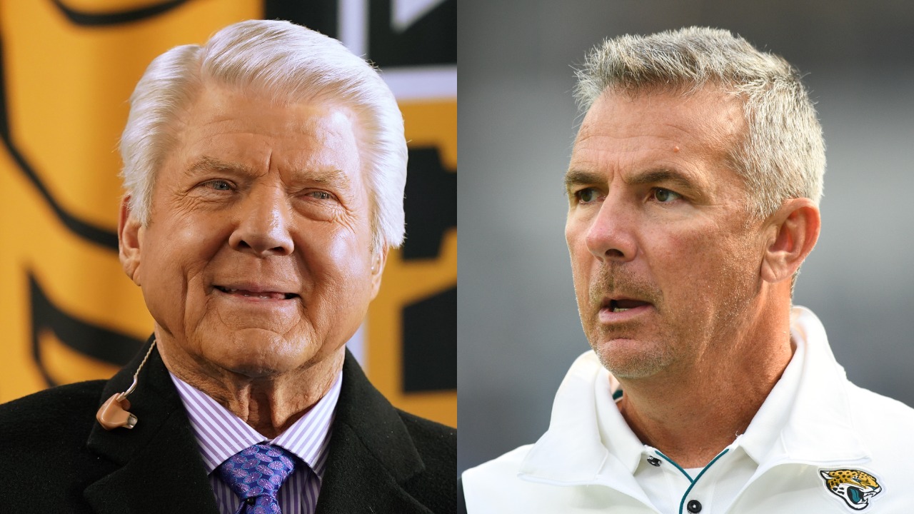 Jimmy Johnson looks on during NFC Championship game; Jaguars head coach Urban Meyer reacts before game against the Rams