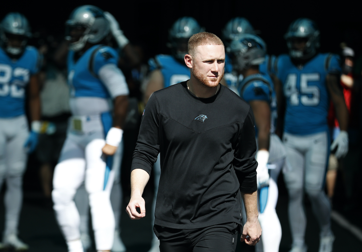 Offensive Coordinator Joe Brady Carolina Panthers takes the field before the game against the Miami Dolphins at Hard Rock Stadium on November 28, 2021 in Miami Gardens, Florida.