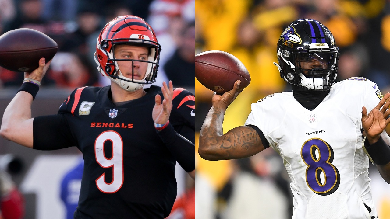 AFC North leading Bengals QB Joe Burrow in action against the Browns; Ravens QB Lamar Jackson throws a pass against the Steelers