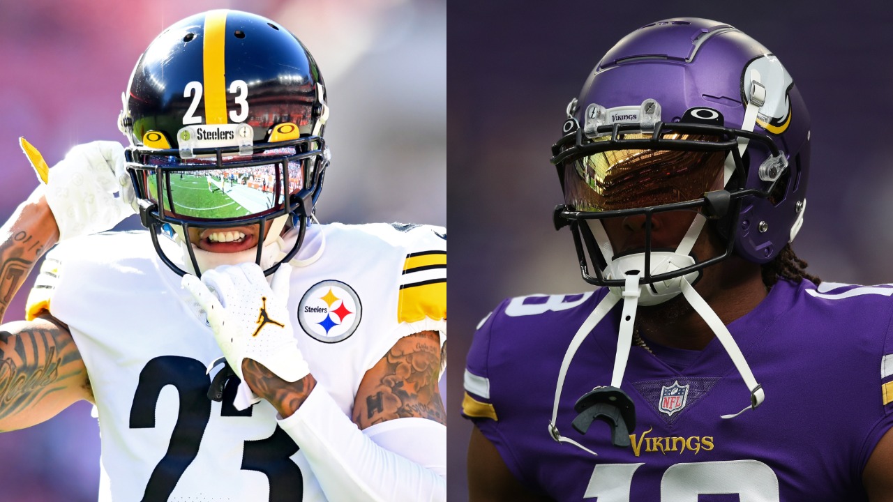 Steelers cornerback Joe Haden in action; Vikings WR Justin Jefferson on the field before a game