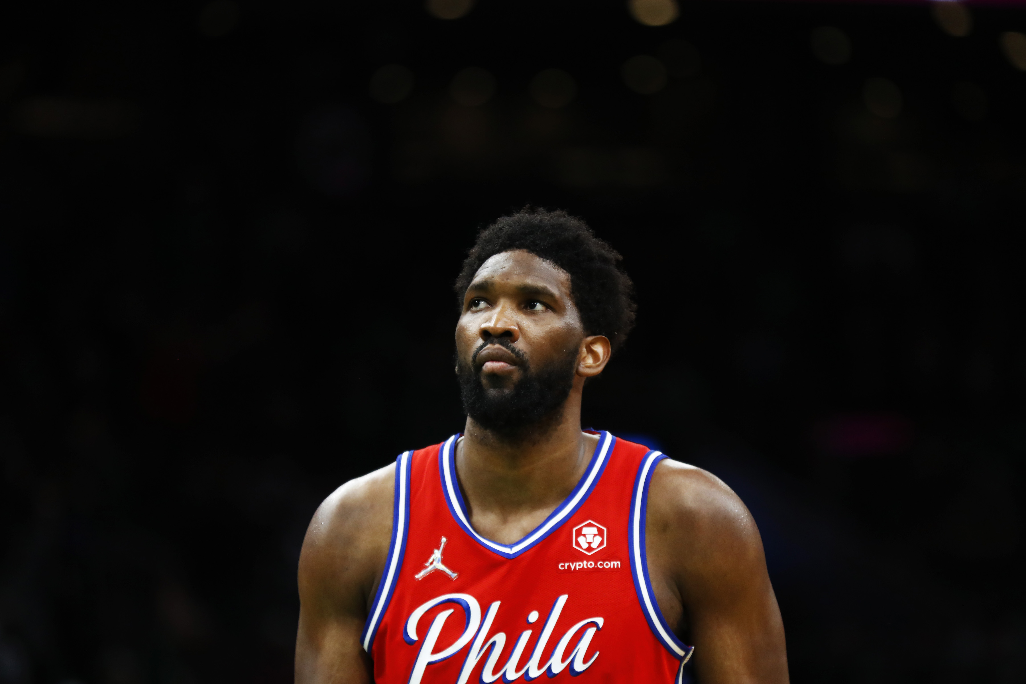 Philadelphia 76ers center Joel Embiid looks on during a game against the Boston Celtics