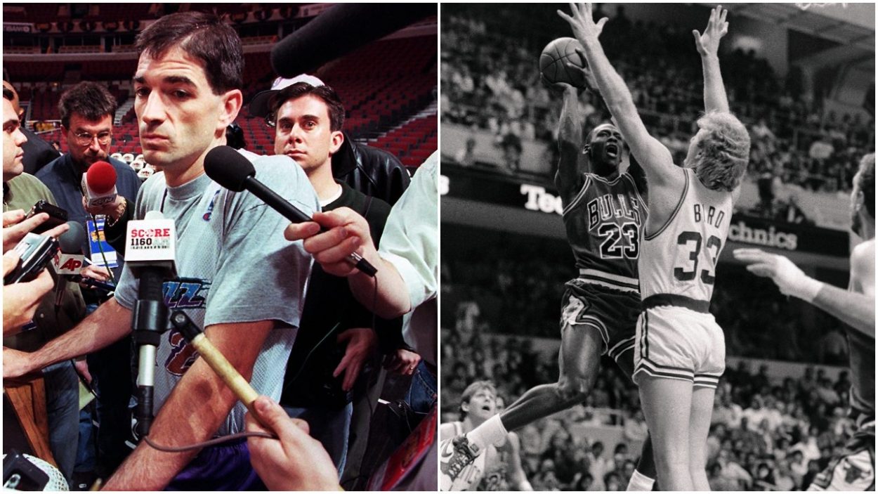 L-R: Utah Jazz great John Stockton answers questions during the 1998 NBA Finals; Michael Jordan shoots over Larry Bird during a playoff game between the Chicago Bulls and Boston Celtics