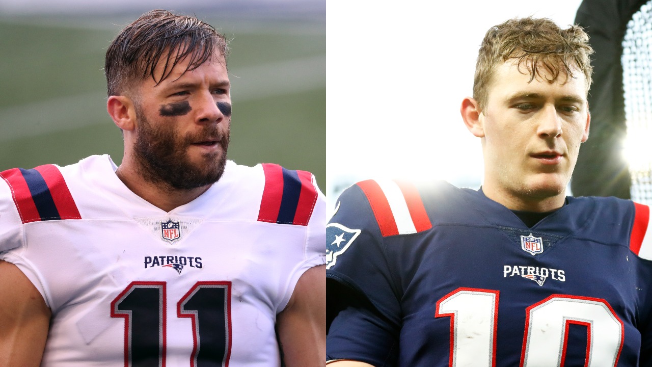 Julian Edelman looks on during a game; Patriots QB Mac Jones leaves field after a loss