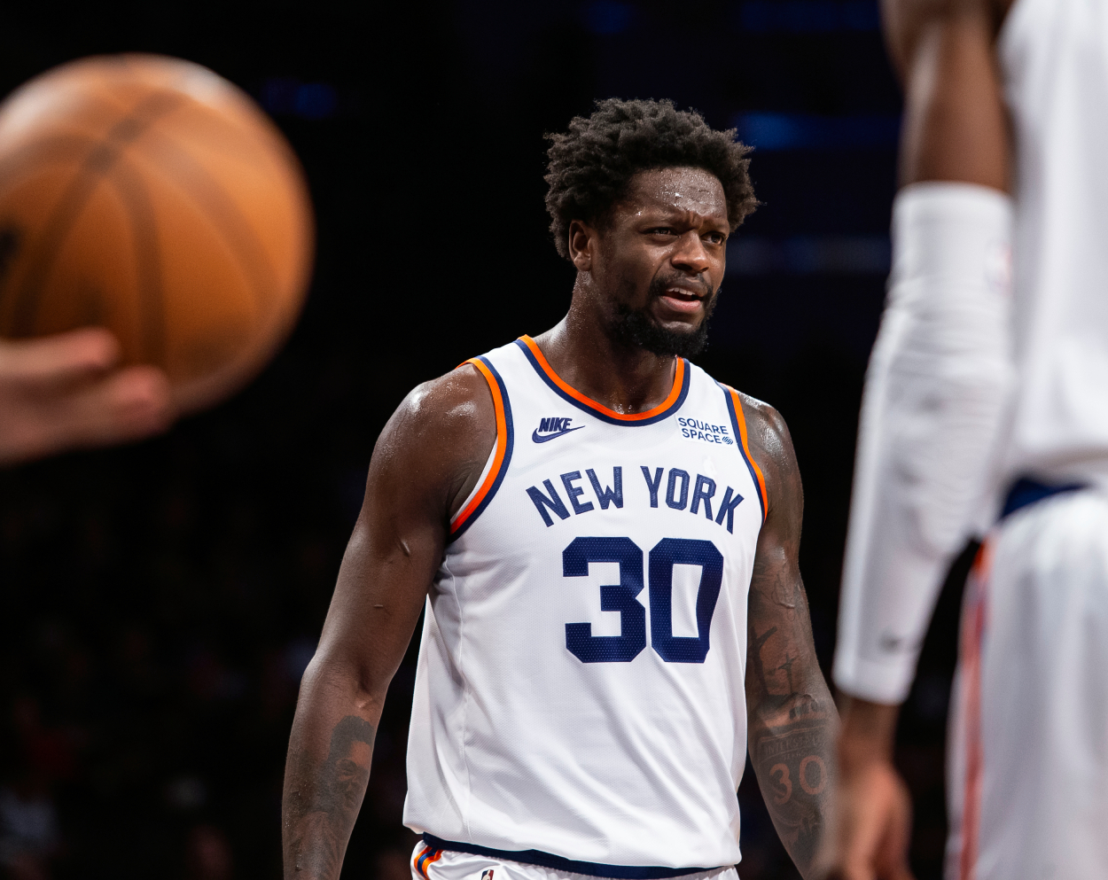 Julius Randle of the New York Knicks reacts during the game against the Brooklyn Nets.