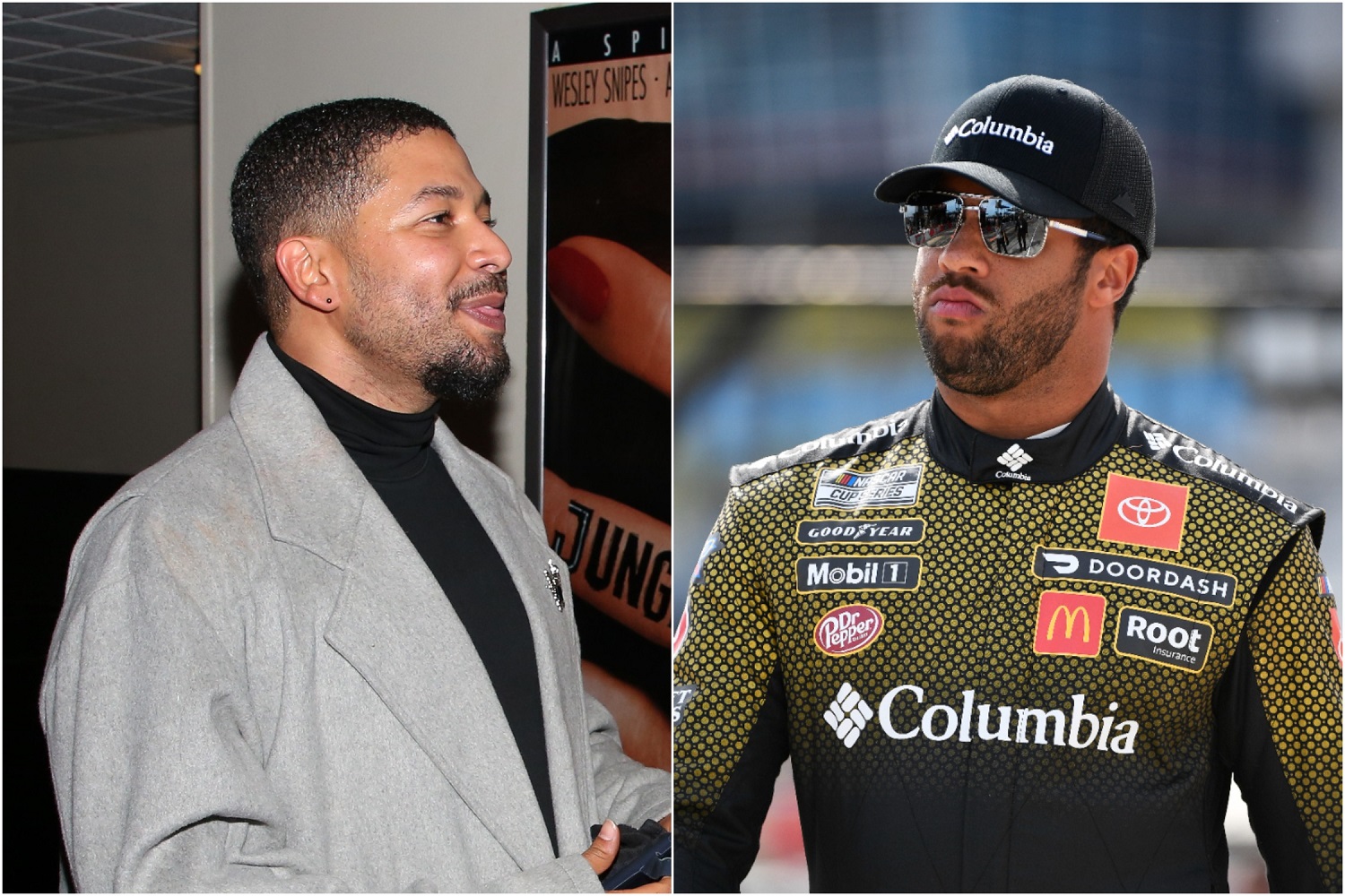 A jury convicted actor Jussie Smollett, left, on five charges Thursday, leading some on Twitter to inaccurately draw parallels to a 2020 incident involving NASCAR driver Bubba Wallace,, right.