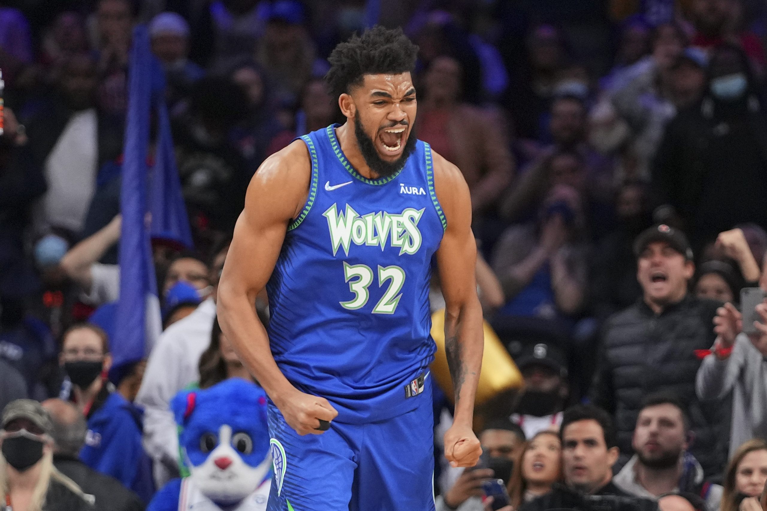 Karl-Anthony Towns of the Minnesota Timberwolves reacts against the Philadelphia 76ers.