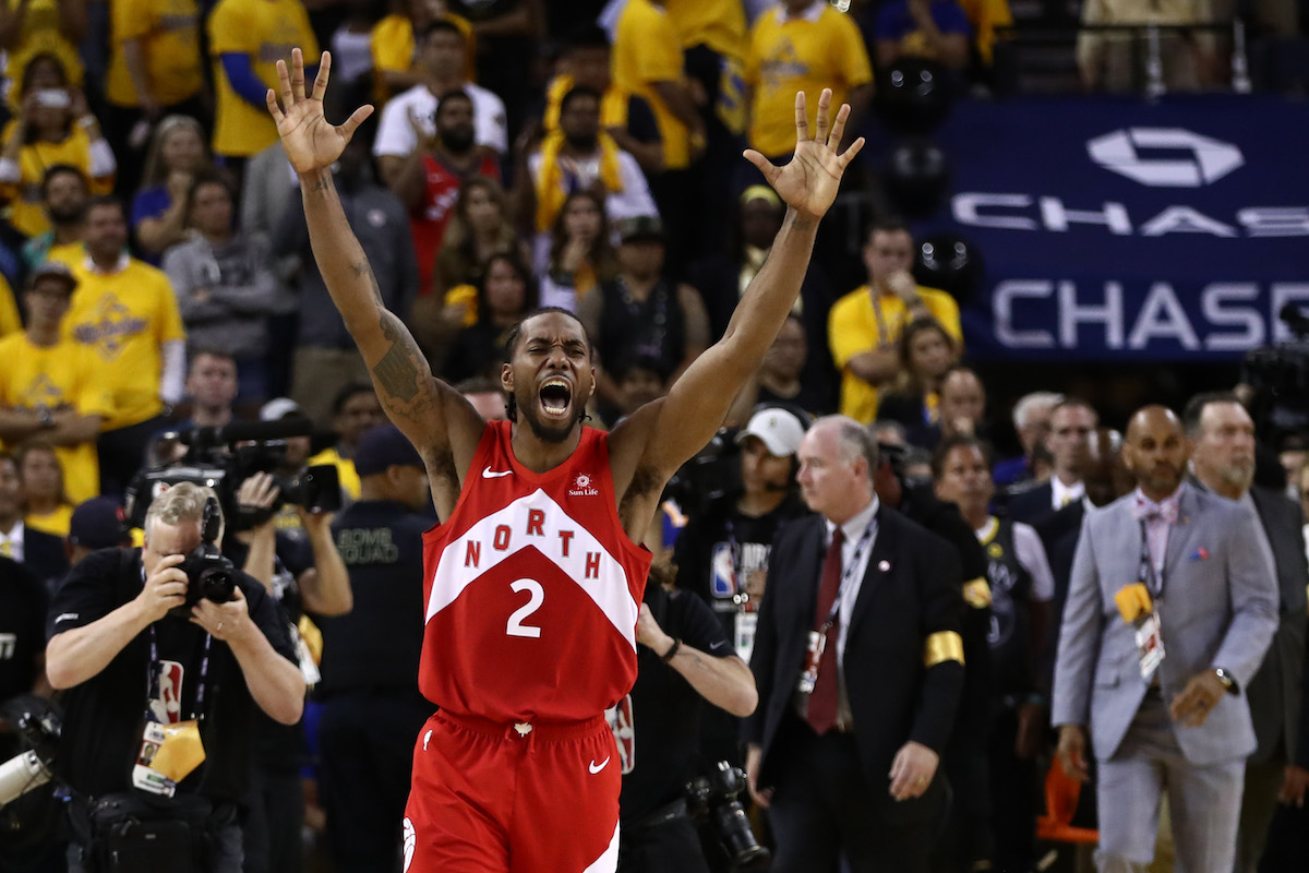 Kawhi Leonard of the Toronto Raptors celebrates winning the 2019 NBA Championship