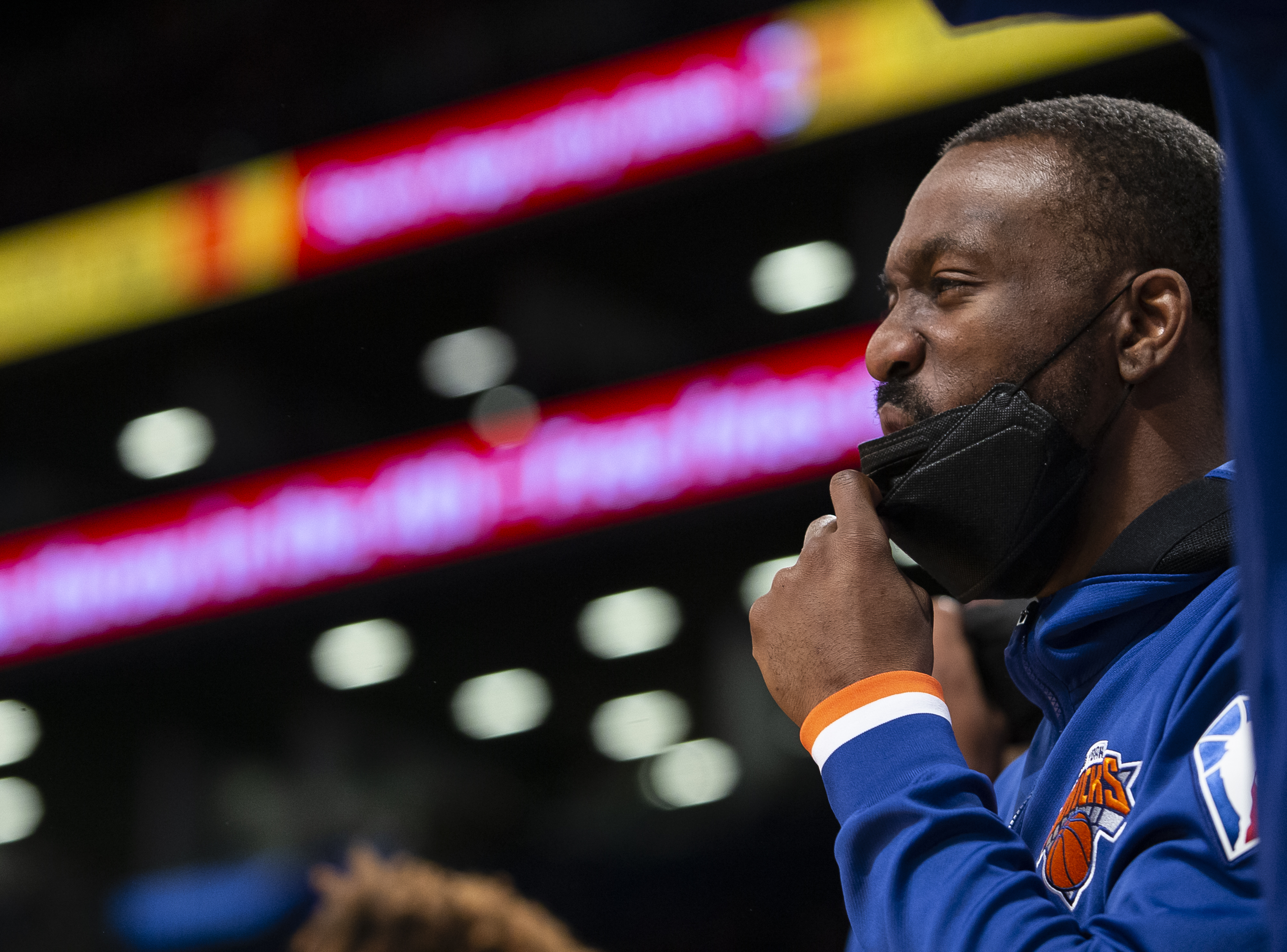 New York Knicks point guard Kemba Walker looks on during a game against the Brooklyn Nets