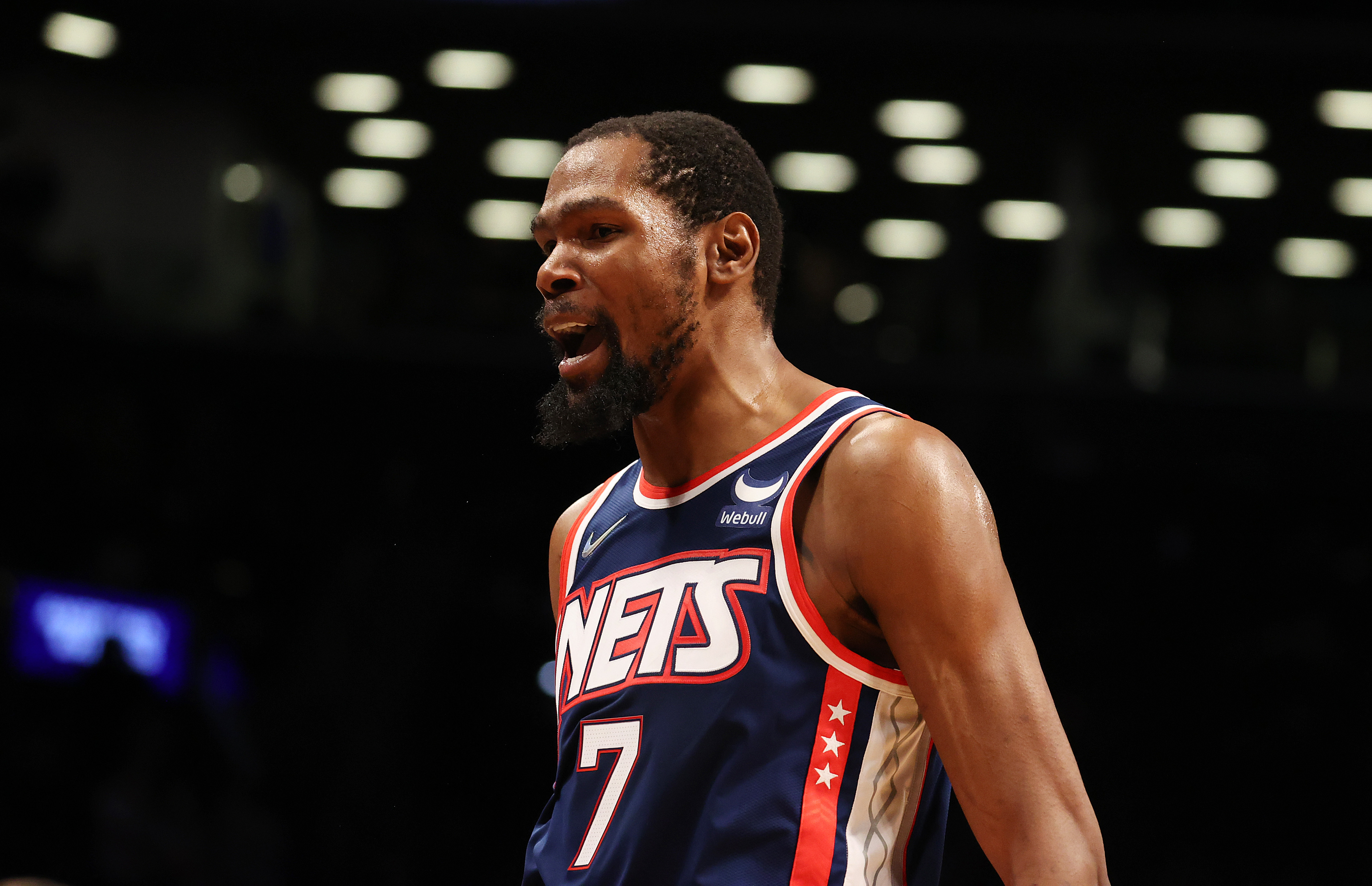 Brooklyn Nets star Kevin Durant reacts during a game against the Philadelphia 76ers