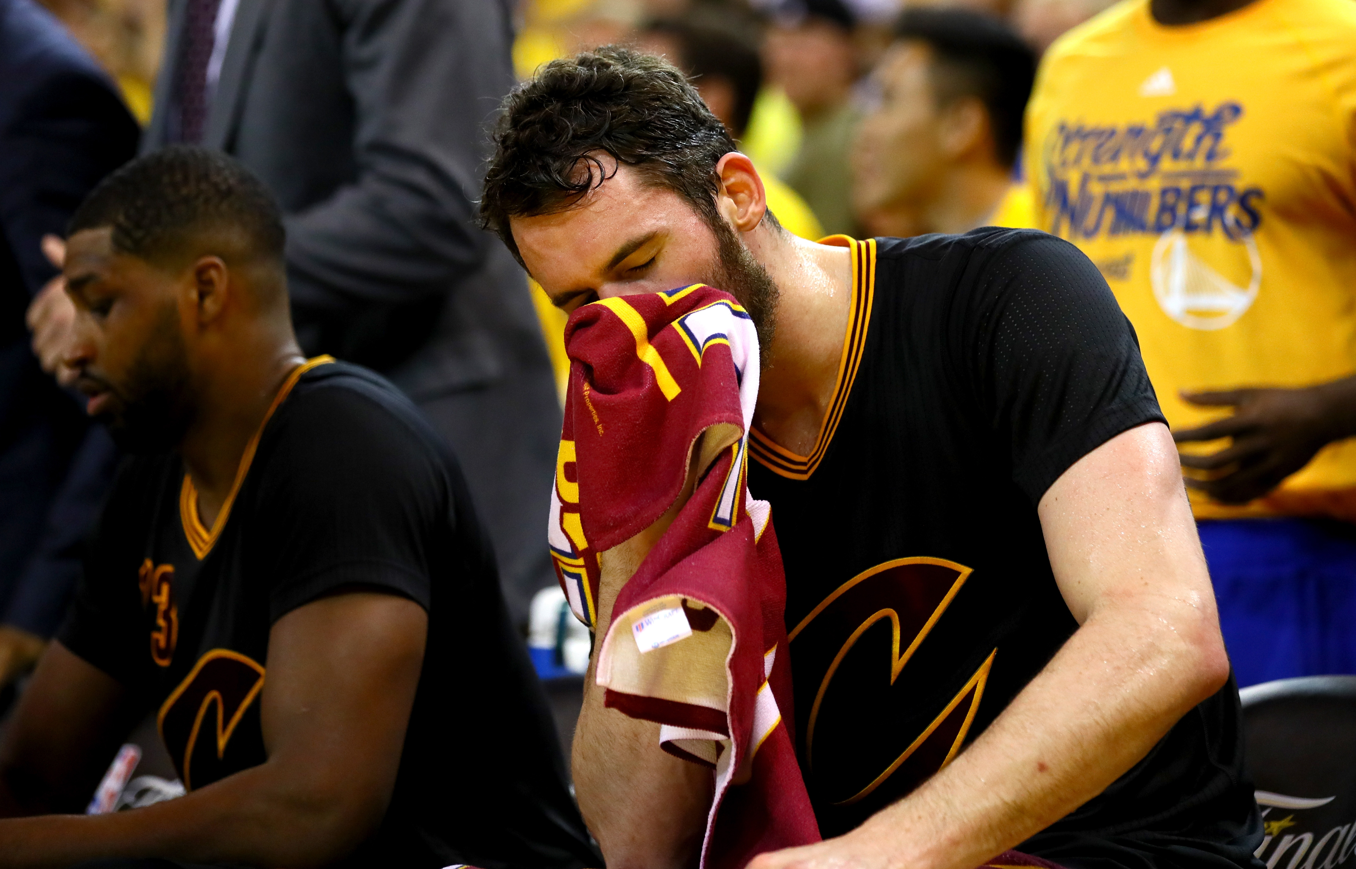 Kevin Love reacts during Game 7 of the 2016 NBA Finals between the Cleveland Cavaliers and Golden State Warriors
