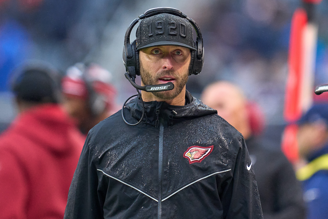Arizona Cardinals head coach Kliff Kingsbury looks on during a game between the Arizona Cardinals and the Chicago Bears on December 5, 2021 at Soldier Stadium, in Chicago, IL.