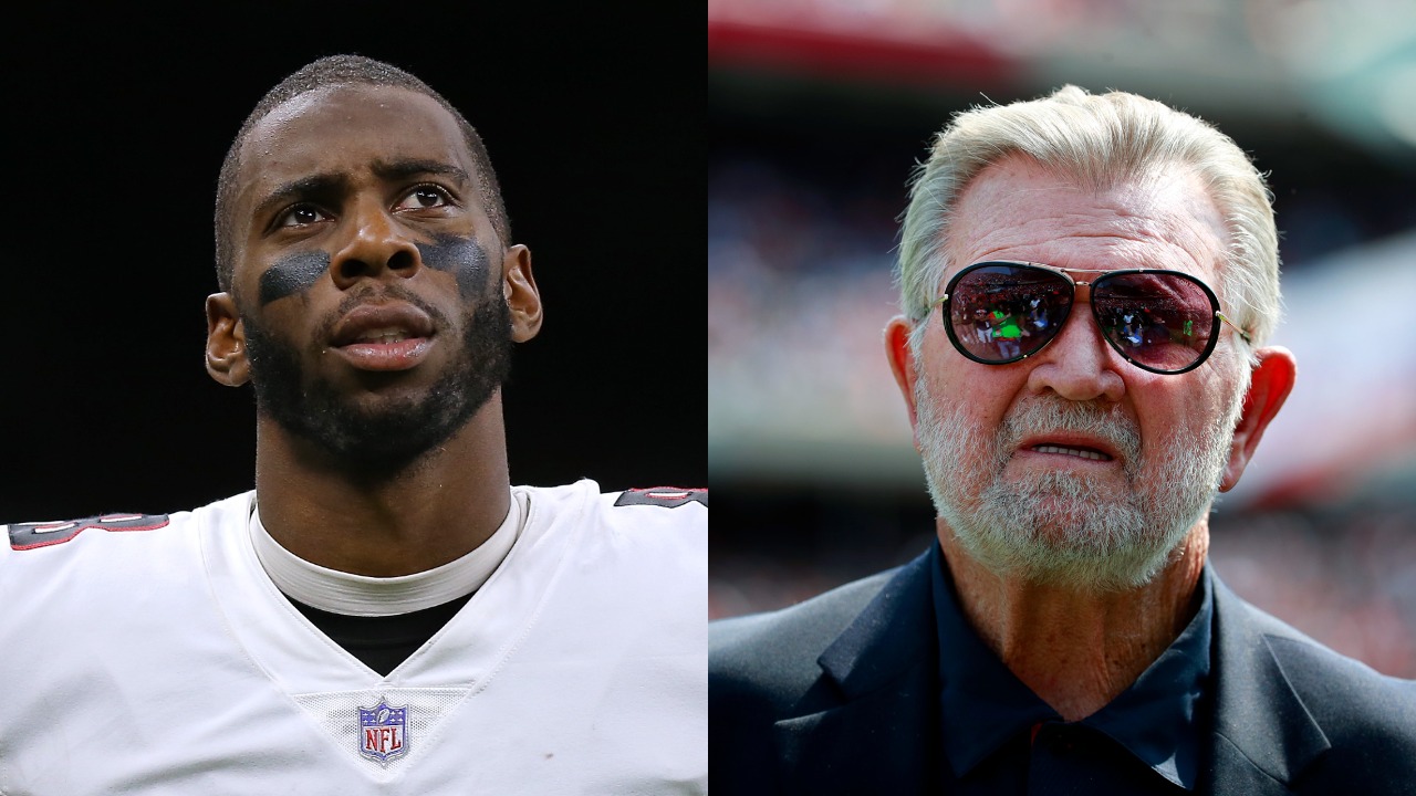 Falcons TE Kyle Pitts looks on during game against the Saints; Bears legend Mike Ditka attends a game against the Falcons