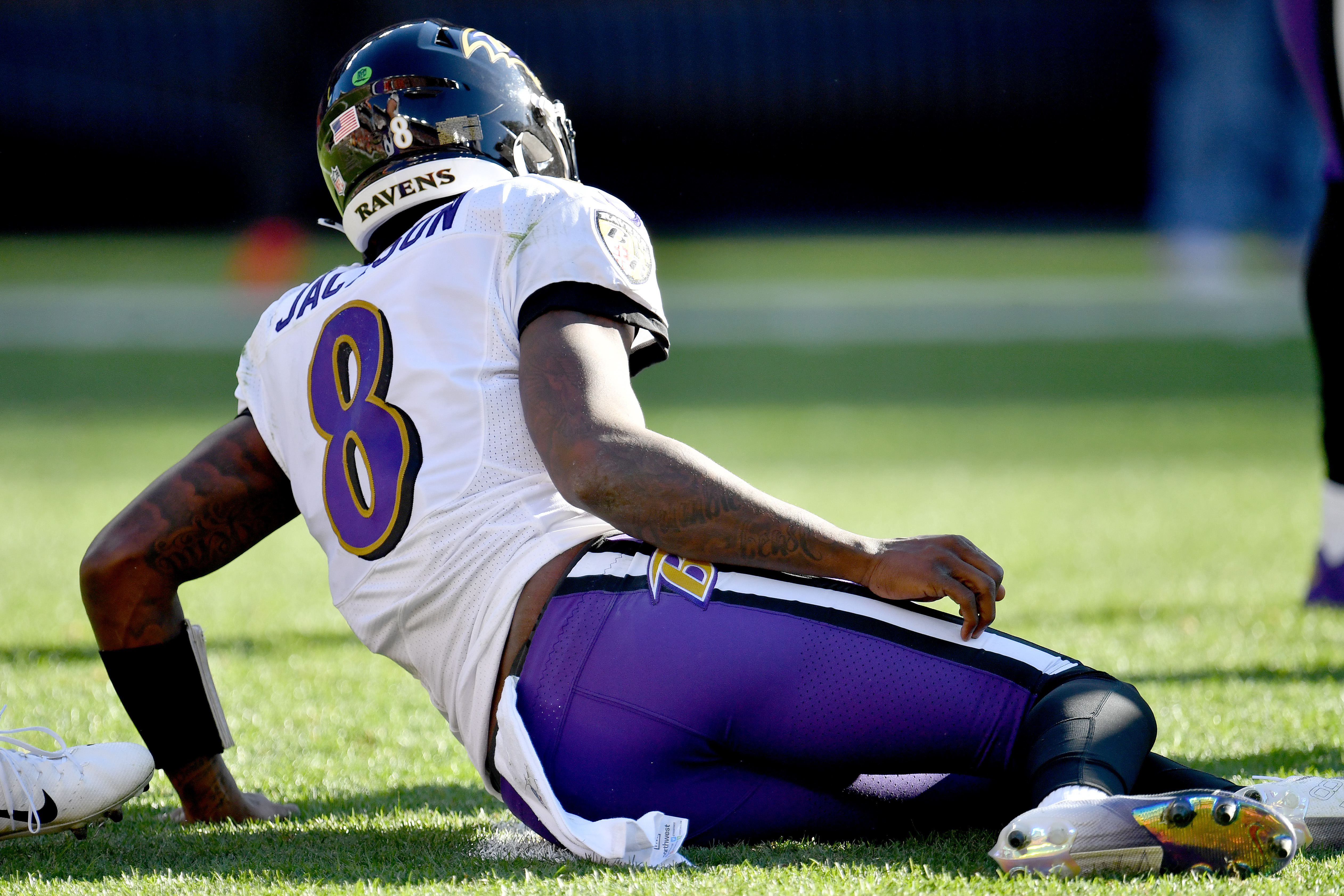 Ravens QB Lamar Jackson on the ground after suffering injury against the Browns