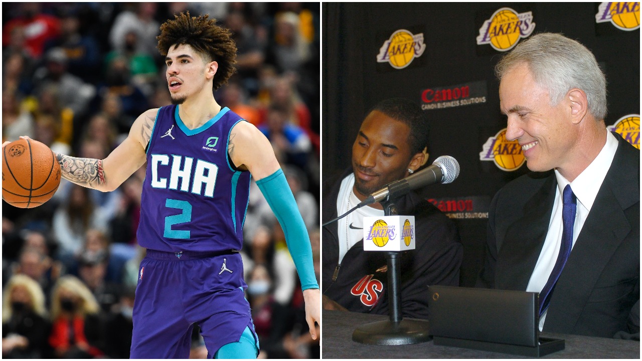 L-R: Charlotte Hornets guard LaMelo Ball dribbles during an NBA game; former Los Angeles Lakers general manager Mitch Kupchak (R, R) looks on while Kobe Bryant signs a contract extension in 2004