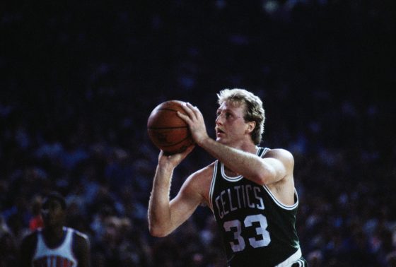 Boston Celtics forward Larry Bird shoots a free throw.