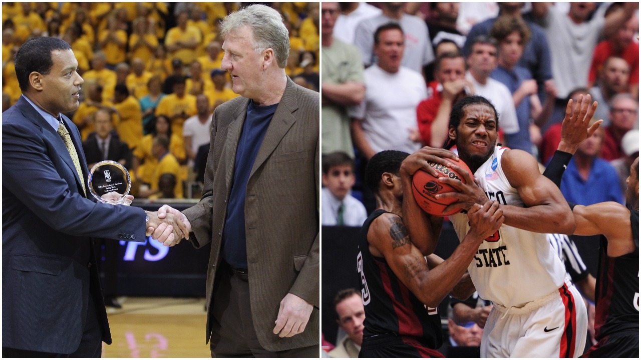 L-R: Former Indiana Pacers team president Larry Bird accepts the 2011-12 NBA Executive of the Year Award; Kawhi Leonard fights for the ball during a 2011 NCAA Tournament game