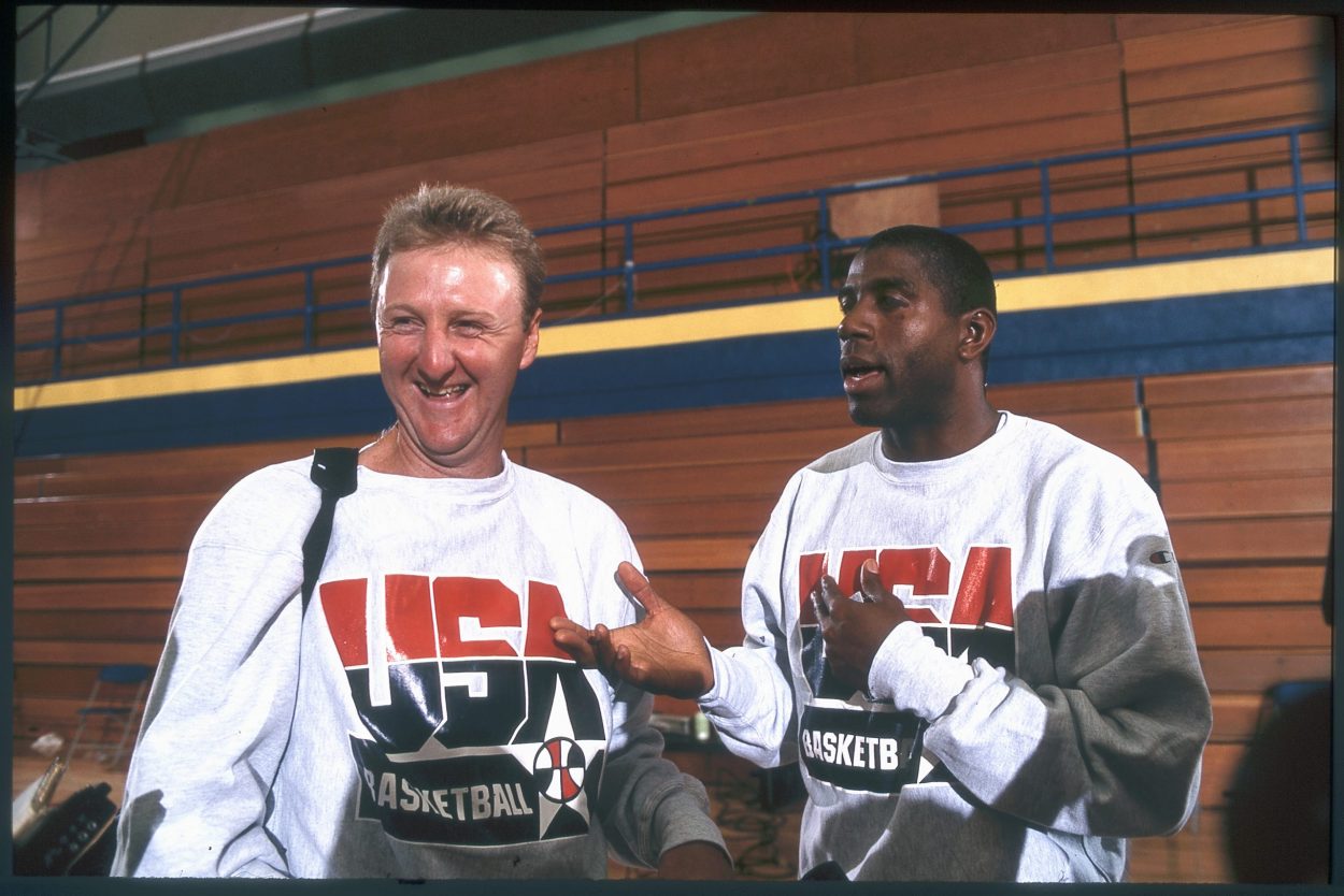 NBA superstars Larry Bird and Magic Johnson answers questions from the media after practice for the men's basketball competition at the 1992 Summer Olympics in Barcelona, Spain