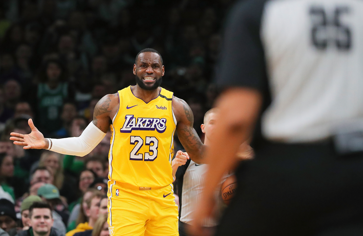 Los Angeles Lakers forward LeBron James complains about an out of bounds call.