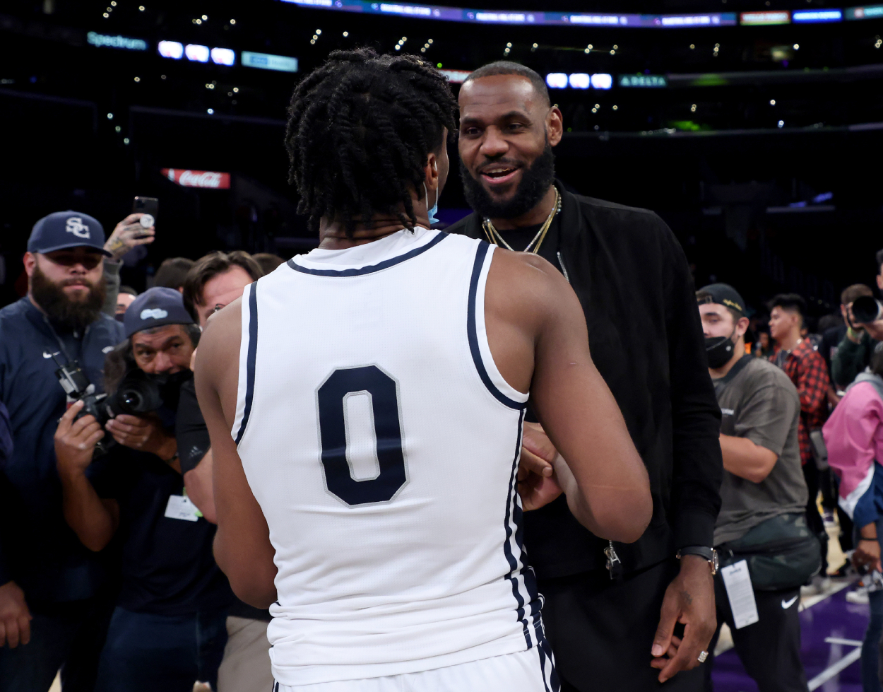 NBA legend LeBron James and his son Bronny at Staples Center in December 2021.