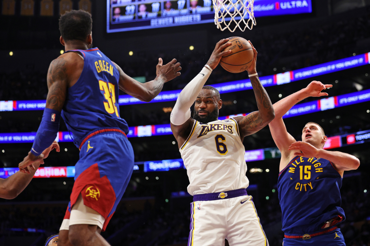 LeBron James of the Los Angeles Lakers grabs a rebound.