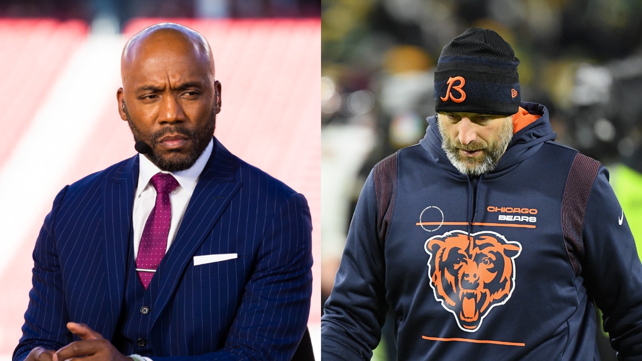 ESPN's Louis Riddick on set before a game; Bears coach Matt Nagy walks on the sideline during a game