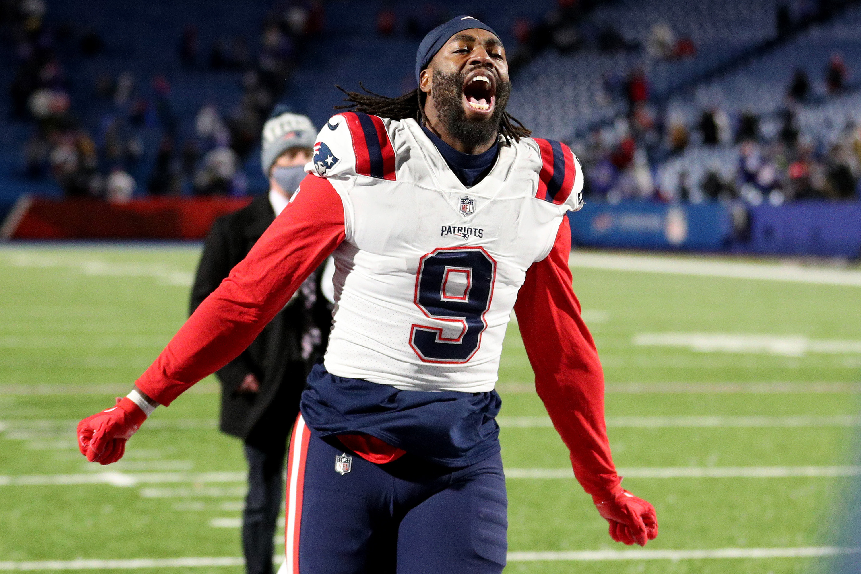 New England Patriots linebacker Matt Judon celebrates win over Buffalo Bills