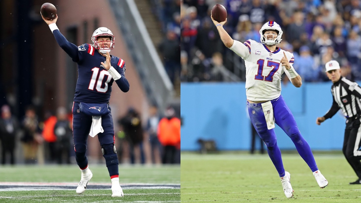 (L-R) Mac Jones of the New England Patriots passes the ball against the Tennessee Titans in the second quarter at Gillette Stadium on November 28, 2021 in Foxborough, Massachusetts; Quarterback Josh Allen of the Buffalo Bills throws a touchdown pass to teammate wide receiver Cole Beasley #11 (not pictured) against the Tennessee Titans during the second quarter at Nissan Stadium on October 18, 2021 in Nashville, Tennessee. The two QBs meet in one of the most intriguing matchups on NFL Week 13.